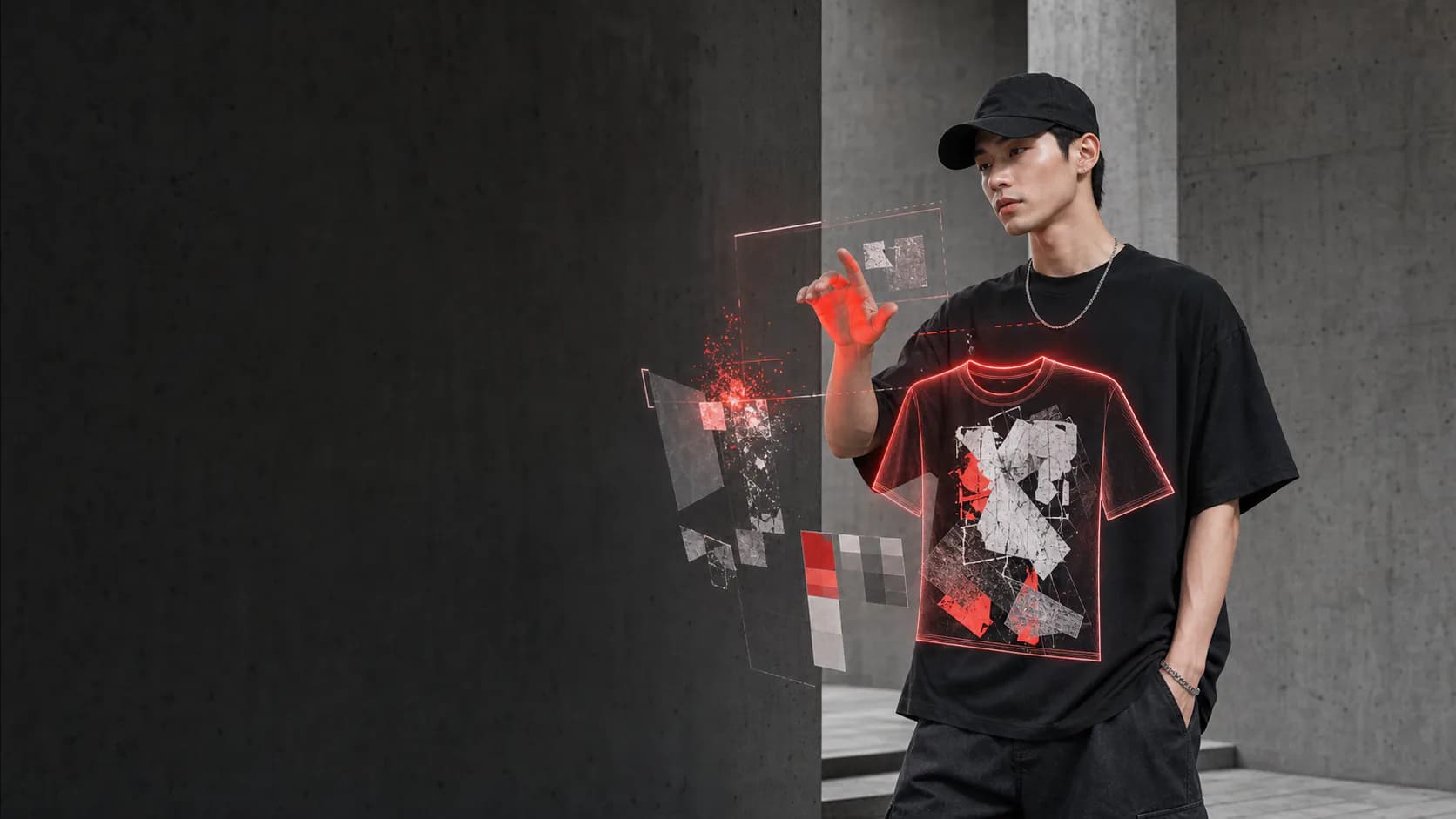 Người mẫu LÌ LAB tương tác với artwork áo thun màu đỏ